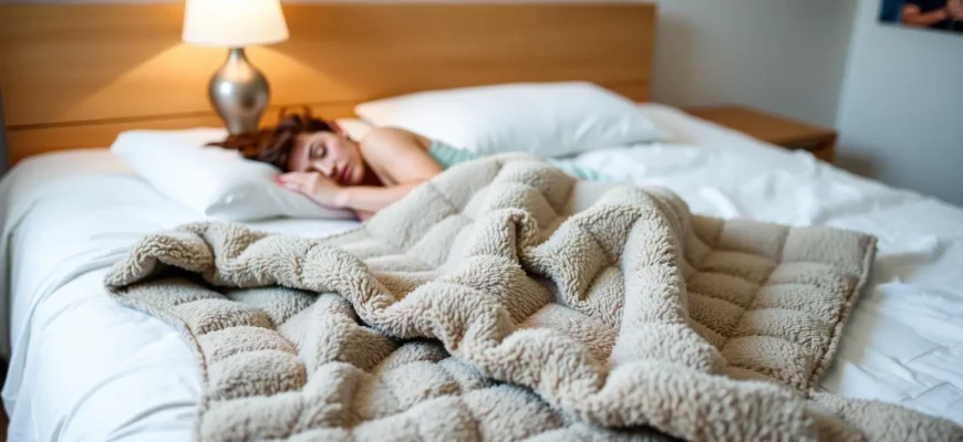 A calm, serene bedroom setting with a person lying on a weighted blanket, showing the blanket's texture and weight, with soft lighting and a sense of comfort