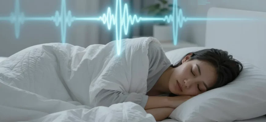 A serene bedroom scene showing a person sleeping under a weighted blanket, with subtle visual cues of scientific calmness such as soft glowing light, gentle brainwave patterns illustrated as flowing lines, and a faint overlay of research data symbols in the background, all rendered in a realistic style.