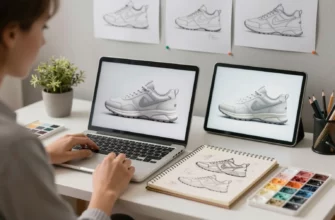A creative design studio scene showing a designer working on a custom product. The designer is seated at a modern desk with a laptop open, a sketchpad with hand-drawn designs, a color palette, and a 3D model of a custom sneaker displayed on a tablet. The background includes a wall of inspirational sketches and a small plant. The lighting is warm and natural, highlighting the textures of the materials.
