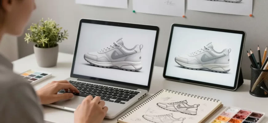 A creative design studio scene showing a designer working on a custom product. The designer is seated at a modern desk with a laptop open, a sketchpad with hand-drawn designs, a color palette, and a 3D model of a custom sneaker displayed on a tablet. The background includes a wall of inspirational sketches and a small plant. The lighting is warm and natural, highlighting the textures of the materials.