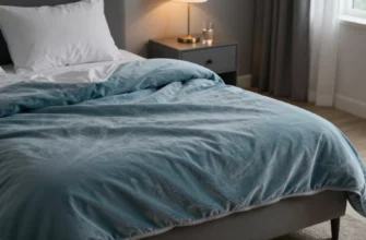 A cozy bedroom scene featuring a large, soft, cooling weighted blanket draped over a neatly made bed. The blanket should appear plush and slightly translucent, with subtle blue and teal tones to convey a cooling effect. The room is dimly lit with a gentle, ambient glow, and a small, modern nightstand with a glass of water sits beside the bed. The overall mood is calm, restful, and inviting, emphasizing the comfort and cooling benefits of the blanket.