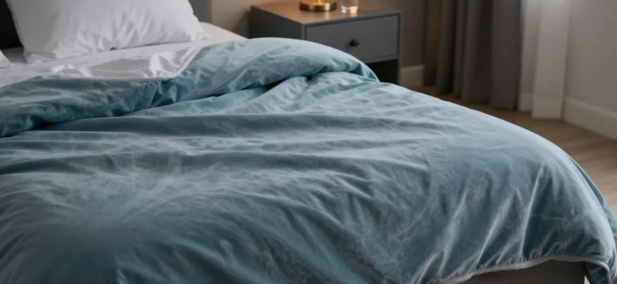 A cozy bedroom scene featuring a large, soft, cooling weighted blanket draped over a neatly made bed. The blanket should appear plush and slightly translucent, with subtle blue and teal tones to convey a cooling effect. The room is dimly lit with a gentle, ambient glow, and a small, modern nightstand with a glass of water sits beside the bed. The overall mood is calm, restful, and inviting, emphasizing the comfort and cooling benefits of the blanket.