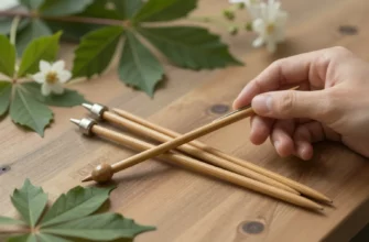 A close-up, photorealistic scene of a set of wooden knitting needles arranged on a natural wooden table, surrounded by fresh green leaves, small flowers, and soft dappled forest light filtering through, with a hand gently holding a needle, conveying the theme of bringing nature to needles.