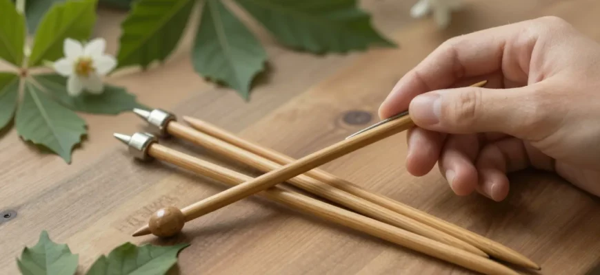 A close-up, photorealistic scene of a set of wooden knitting needles arranged on a natural wooden table, surrounded by fresh green leaves, small flowers, and soft dappled forest light filtering through, with a hand gently holding a needle, conveying the theme of bringing nature to needles.