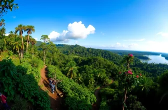 A panoramic view of Long Isla's rewilding project, featuring dense tropical forest with diverse wildlife such as birds, monkeys, and deer, a small group of conservationists planting native trees along a winding trail, and a clear blue sky with gentle clouds. The scene should capture the harmony between human effort and natural regeneration, with vibrant foliage, a river reflecting the sky, and subtle footprints indicating human presence.