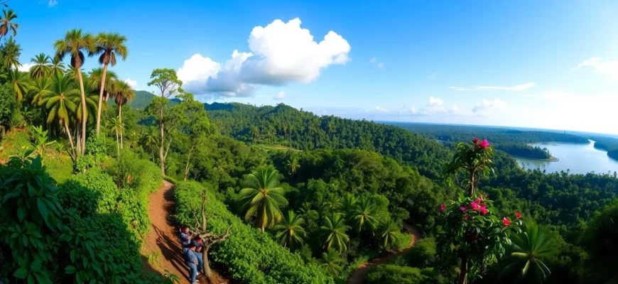 A panoramic view of Long Isla's rewilding project, featuring dense tropical forest with diverse wildlife such as birds, monkeys, and deer, a small group of conservationists planting native trees along a winding trail, and a clear blue sky with gentle clouds. The scene should capture the harmony between human effort and natural regeneration, with vibrant foliage, a river reflecting the sky, and subtle footprints indicating human presence.
