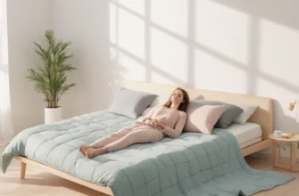 A calm bedroom scene with a person lying on a weighted blanket, the blanket subtly divided into sections that represent different weight ranges, with a soft gradient color scheme indicating increasing weight, no text or labels, gentle ambient lighting, and a faint overlay of a chart-like grid in the background to suggest measurement, all rendered in a clean illustration style