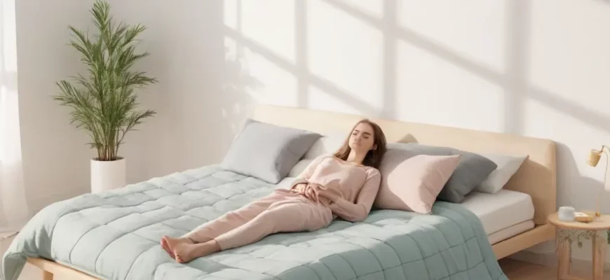 A calm bedroom scene with a person lying on a weighted blanket, the blanket subtly divided into sections that represent different weight ranges, with a soft gradient color scheme indicating increasing weight, no text or labels, gentle ambient lighting, and a faint overlay of a chart-like grid in the background to suggest measurement, all rendered in a clean illustration style