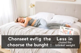 A cozy bedroom scene showing a person lying on a weighted blanket, with a small side table displaying a weight chart or scale, illustrating the concept of choosing the right blanket weight. The blanket should be visibly weighted, with subtle patterns, and the room should look calm and inviting.