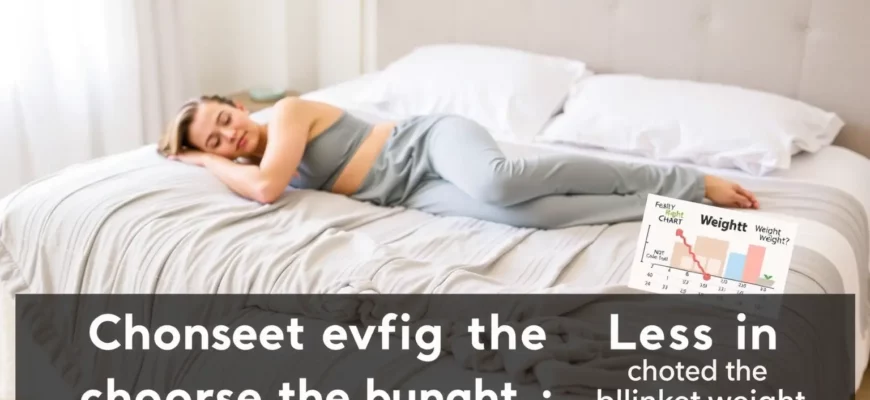 A cozy bedroom scene showing a person lying on a weighted blanket, with a small side table displaying a weight chart or scale, illustrating the concept of choosing the right blanket weight. The blanket should be visibly weighted, with subtle patterns, and the room should look calm and inviting.