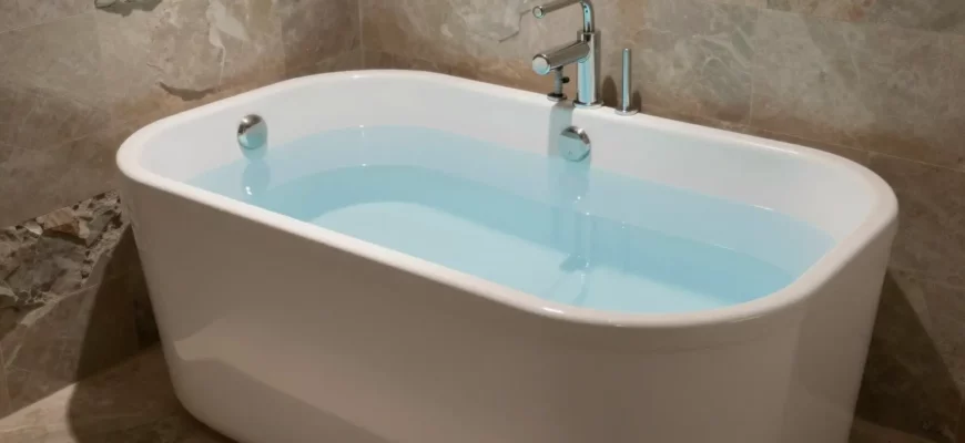 A modern, sleek cold plunge tub in a tranquil spa setting, with clear blue water, surrounded by natural stone and subtle lighting, no text or signage