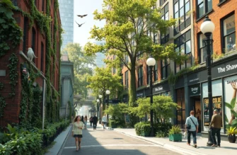 A vibrant urban street scene in Shaw where nature is reclaiming the space: buildings covered in vines and trees sprouting from cracks, pedestrians walking among lush greenery, birds nesting in streetlights, and subtle digital overlays such as holographic advertisements and AR interfaces blending seamlessly with the natural elements. The atmosphere should feel alive and harmonious, showcasing the fusion of modern city life with wild, digital-inspired growth.