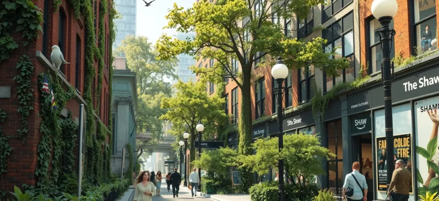A vibrant urban street scene in Shaw where nature is reclaiming the space: buildings covered in vines and trees sprouting from cracks, pedestrians walking among lush greenery, birds nesting in streetlights, and subtle digital overlays such as holographic advertisements and AR interfaces blending seamlessly with the natural elements. The atmosphere should feel alive and harmonious, showcasing the fusion of modern city life with wild, digital-inspired growth.
