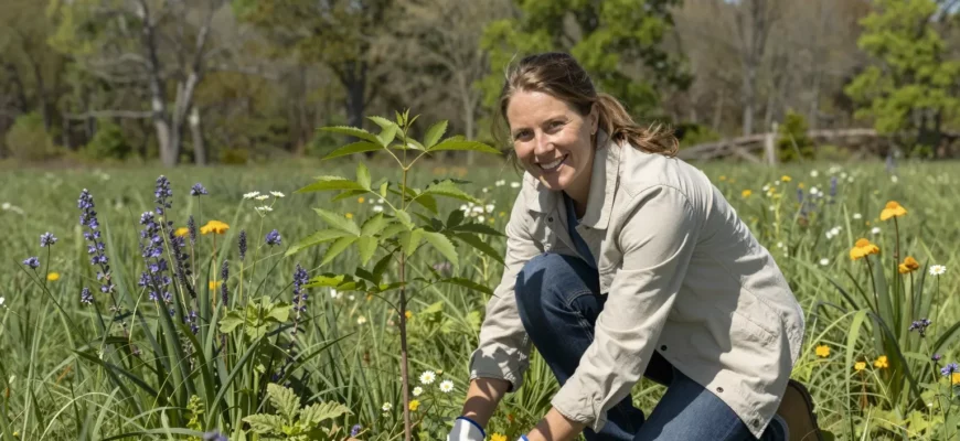 A woman in her early 30s with a friendly smile, wearing a light jacket and gardening gloves, kneeling in a lush, green meadow on Long Island. She is planting a sapling of a native tree, surrounded by a variety of native wildflowers and grasses. In the background, a small, partially restored forest edge with a mix of young trees and shrubs, and a clear blue sky. The scene conveys a sense of renewal and connection to nature.