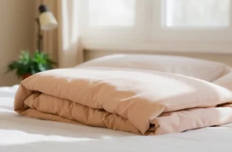 A cozy bedroom setting featuring a neatly folded organic cotton weighted blanket on a bed, soft natural lighting, a small potted plant, and a subtle reading lamp, emphasizing comfort and eco-friendliness