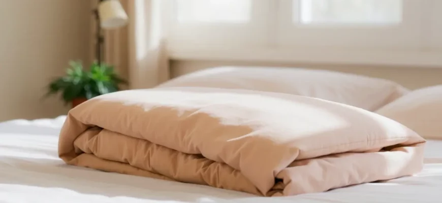 A cozy bedroom setting featuring a neatly folded organic cotton weighted blanket on a bed, soft natural lighting, a small potted plant, and a subtle reading lamp, emphasizing comfort and eco-friendliness