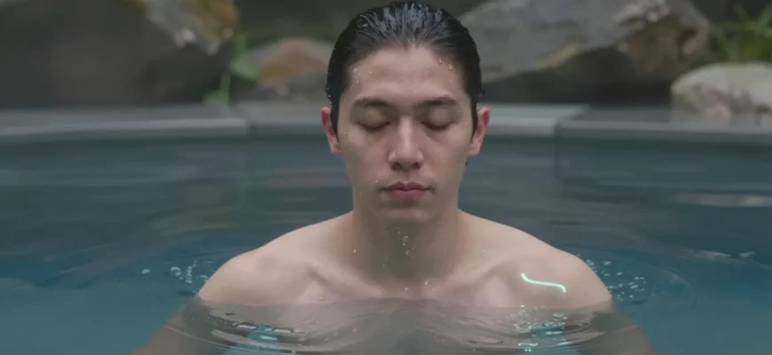 A person standing in a cold plunge pool surrounded by natural scenery, with a calm expression, water droplets, subtle glowing lines indicating a reset of the nervous system, no text or lettering