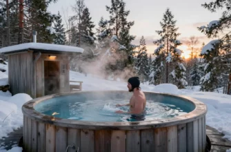 A serene Nordic setting featuring a traditional wooden cold plunge pool surrounded by snow-covered pine trees, with a lone athlete in warm clothing stepping into the icy water, steam rising from a nearby sauna, and a subtle sunrise glow illuminating the scene