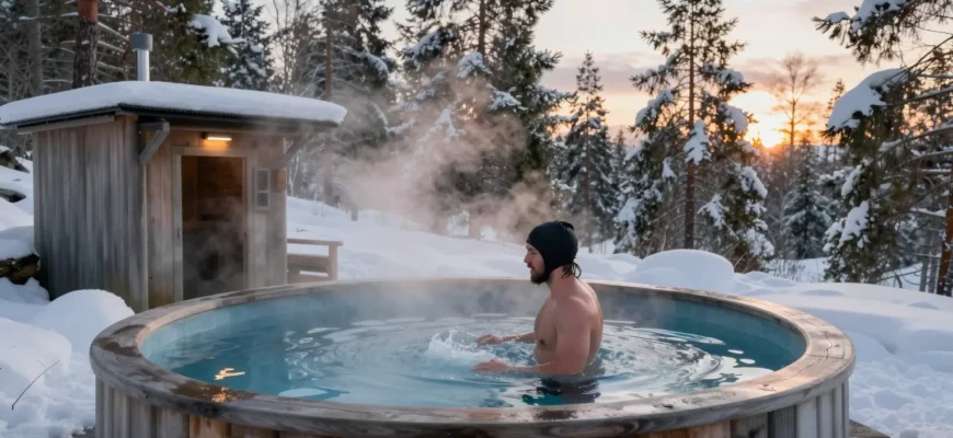A serene Nordic setting featuring a traditional wooden cold plunge pool surrounded by snow-covered pine trees, with a lone athlete in warm clothing stepping into the icy water, steam rising from a nearby sauna, and a subtle sunrise glow illuminating the scene