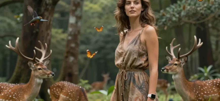 A confident woman standing in a lush, vibrant forest, surrounded by diverse wildlife such as deer, birds, and butterflies. She wears a flowing, earth-toned dress that blends with the natural surroundings, and her hair is loosely styled, catching the dappled sunlight filtering through the canopy. The scene conveys a sense of freedom, connection to nature, and empowerment, with a subtle modern touch like a small, sleek smartwatch visible on her wrist.
