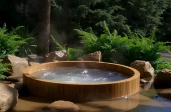 A serene and modern spa setting featuring a wooden cold plunge tub filled with clear, steaming water, surrounded by smooth river stones and lush green ferns, soft natural lighting filtering through trees, photorealistic texture