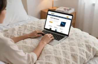 A cozy bedroom scene featuring a person resting on a plush weighted blanket, with a laptop or tablet open to an Amazon product page, surrounded by soft lighting and a small guidebook on a bedside table, all depicted without any text or lettering