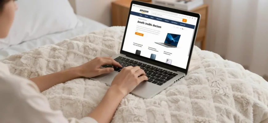 A cozy bedroom scene featuring a person resting on a plush weighted blanket, with a laptop or tablet open to an Amazon product page, surrounded by soft lighting and a small guidebook on a bedside table, all depicted without any text or lettering