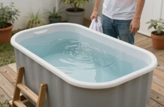 A realistic outdoor scene showing a DIY cold plunge built from a stock tank. The tank is filled with clear, cold water and sits on a wooden frame with a ladder for easy entry. A person in casual clothing stands beside the tank, holding a towel, looking at the water. The background includes a simple garden setting with potted plants and a wooden deck. The lighting is natural daylight, creating a calm and inviting atmosphere.
