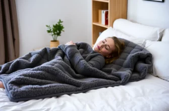 A cozy bedroom scene with a person lying on a bed, wrapped in a plush weighted blanket, looking relaxed. The blanket should be clearly visible, with a subtle pattern, and the room should have soft lighting, a small plant, and a bookshelf in the background.