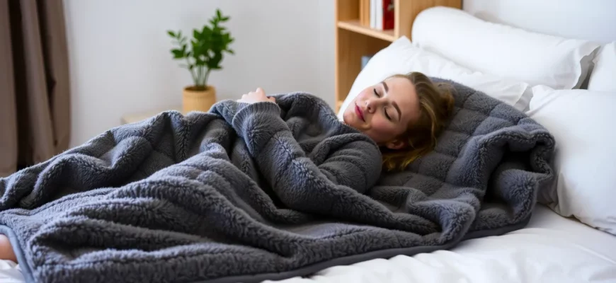 A cozy bedroom scene with a person lying on a bed, wrapped in a plush weighted blanket, looking relaxed. The blanket should be clearly visible, with a subtle pattern, and the room should have soft lighting, a small plant, and a bookshelf in the background.