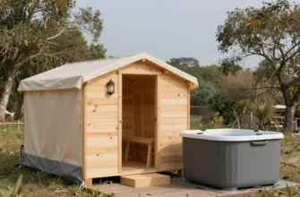 A portable sauna tent with a wooden interior and a small cold plunge tub beside it, both set up outdoors in a natural setting with trees and a clear sky