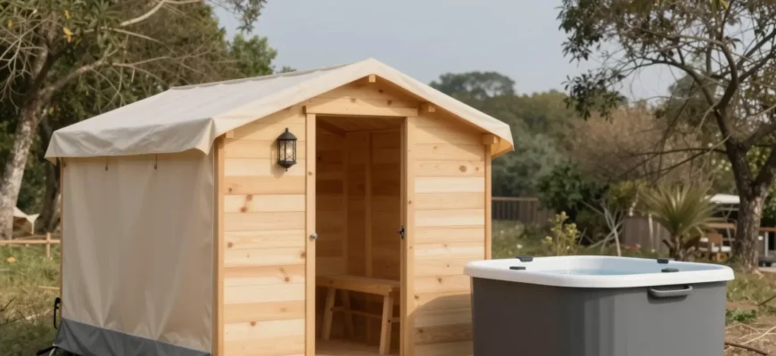 A portable sauna tent with a wooden interior and a small cold plunge tub beside it, both set up outdoors in a natural setting with trees and a clear sky