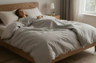 A cozy bedroom scene with a 60x80 weighted blanket draped over a bed, a person lying peacefully on it, soft ambient lighting, and a calm, inviting atmosphere.