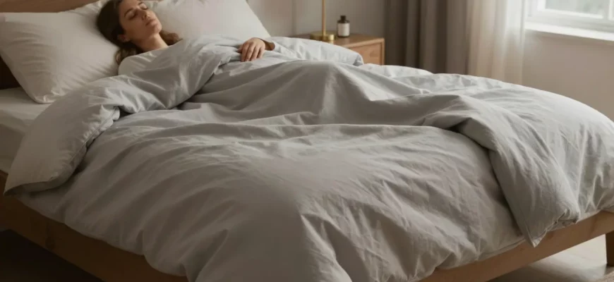 A cozy bedroom scene with a 60x80 weighted blanket draped over a bed, a person lying peacefully on it, soft ambient lighting, and a calm, inviting atmosphere.