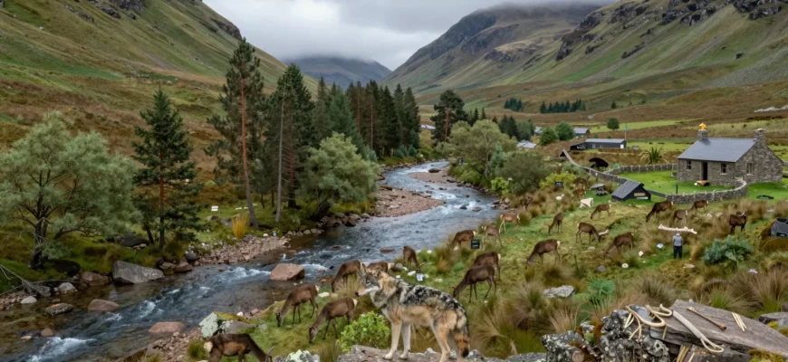 A panoramic view of the Scottish Highlands showcasing rewilding: rolling green hills, a clear blue river winding through a pine forest, a herd of deer grazing near the water, a lone wolf standing on a rocky outcrop overlooking the valley, distant misty mountains, and a small, rustic cottage in the foreground. The scene should capture the wild heart of the Highlands with lush vegetation, wildlife, and natural landscape elements, emphasizing the restoration of natural habitats.