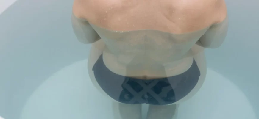 A person standing in a clear, icy cold plunge tub with visible water droplets and a subtle reflection of a modern spa environment, surrounded by muted blue and white tones to emphasize the chill, with no visible text or branding