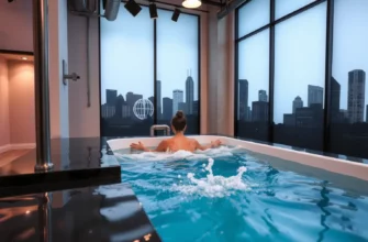 A person in a cold plunge pool inside a modern Dallas studio, surrounded by sleek industrial décor and subtle Texas skyline elements in the background, with a clear blue water surface and a subtle splash effect, all captured in a realistic, high-resolution style