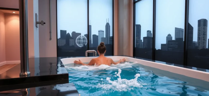 A person in a cold plunge pool inside a modern Dallas studio, surrounded by sleek industrial décor and subtle Texas skyline elements in the background, with a clear blue water surface and a subtle splash effect, all captured in a realistic, high-resolution style