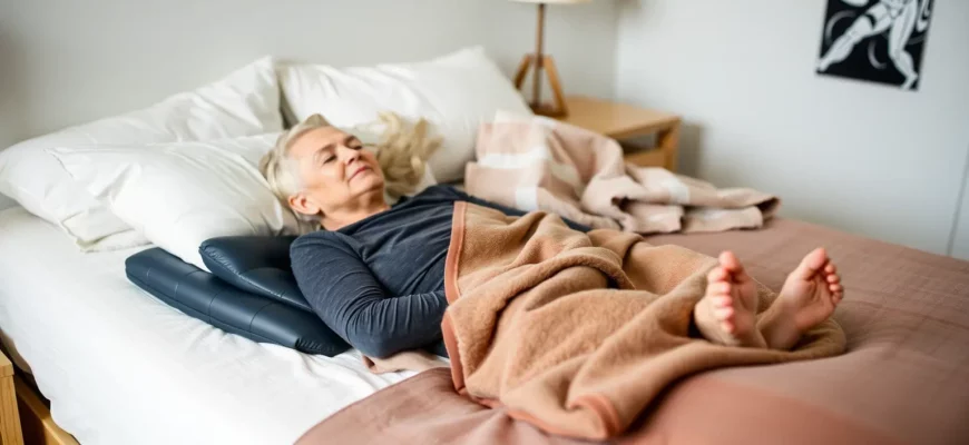 A cozy bedroom scene featuring an older adult with arthritis comfortably resting on a weighted blanket, with a soft, supportive blanket draped over a bed, showing a sense of warmth and relief.