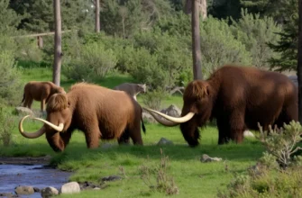 A lush, prehistoric-like forest scene showing a herd of woolly mammoths grazing near a river, with a saber-toothed cat in the background, representing a restored Pleistocene ecosystem, no humans or modern objects, no text