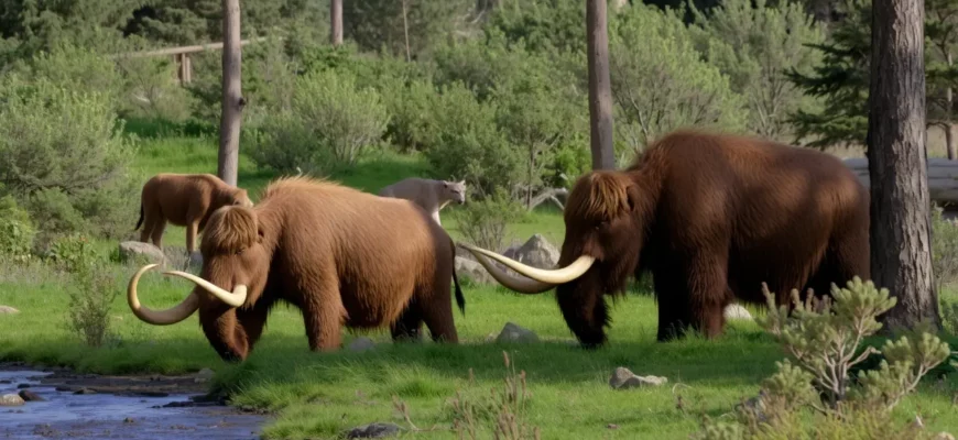 A lush, prehistoric-like forest scene showing a herd of woolly mammoths grazing near a river, with a saber-toothed cat in the background, representing a restored Pleistocene ecosystem, no humans or modern objects, no text