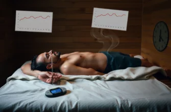 A person lying on a sauna blanket in a dimly lit room, sweating, with a digital thermometer and a small scale beside them, scientific charts floating in the background, illustrating the concept of heat-induced weight loss