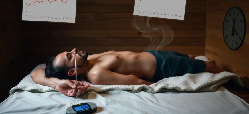 A person lying on a sauna blanket in a dimly lit room, sweating, with a digital thermometer and a small scale beside them, scientific charts floating in the background, illustrating the concept of heat-induced weight loss