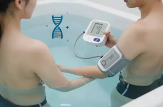 A person standing in a clear cold plunge pool, wearing a medical cuff on the arm, with a digital blood pressure monitor displayed, surrounded by scientific symbols such as a DNA helix and a heart rate monitor, all in a calm, clinical setting