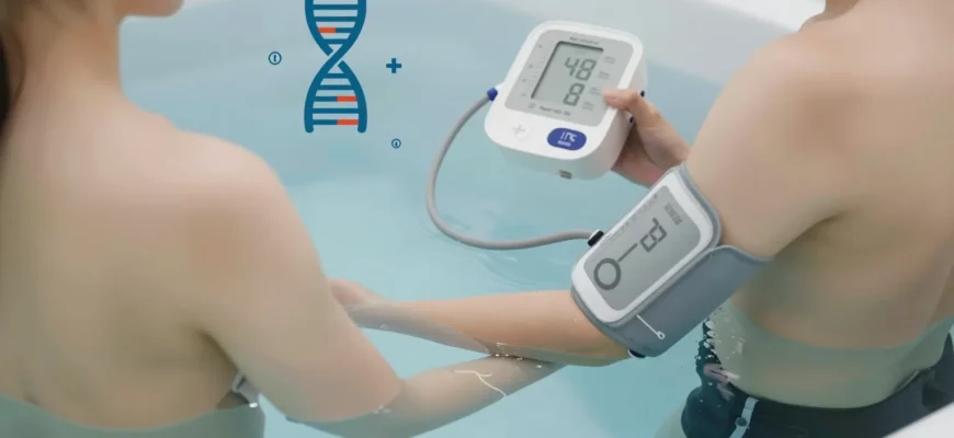A person standing in a clear cold plunge pool, wearing a medical cuff on the arm, with a digital blood pressure monitor displayed, surrounded by scientific symbols such as a DNA helix and a heart rate monitor, all in a calm, clinical setting