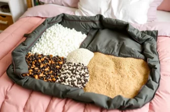 A weighted blanket open to reveal various filling materials such as glass beads, plastic pellets, rice, beans, and sand, arranged neatly in separate sections, with a background of a cozy bedroom setting
