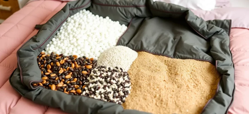 A weighted blanket open to reveal various filling materials such as glass beads, plastic pellets, rice, beans, and sand, arranged neatly in separate sections, with a background of a cozy bedroom setting