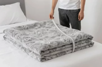 A person standing beside a weighted blanket on a bed, holding a measuring tape, with a clear view of blanket dimensions and a simple background