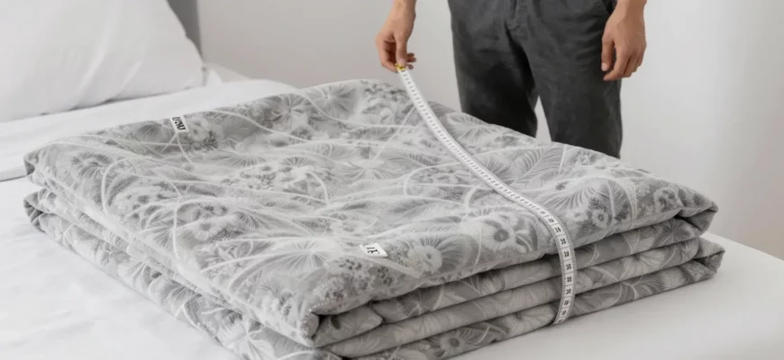 A person standing beside a weighted blanket on a bed, holding a measuring tape, with a clear view of blanket dimensions and a simple background