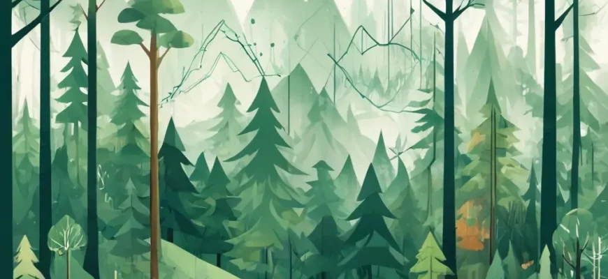 A balanced composition showing a thriving forest landscape with a subtle overlay of financial graphs or charts, symbolizing the economic aspects of rewilding, without any text or symbols